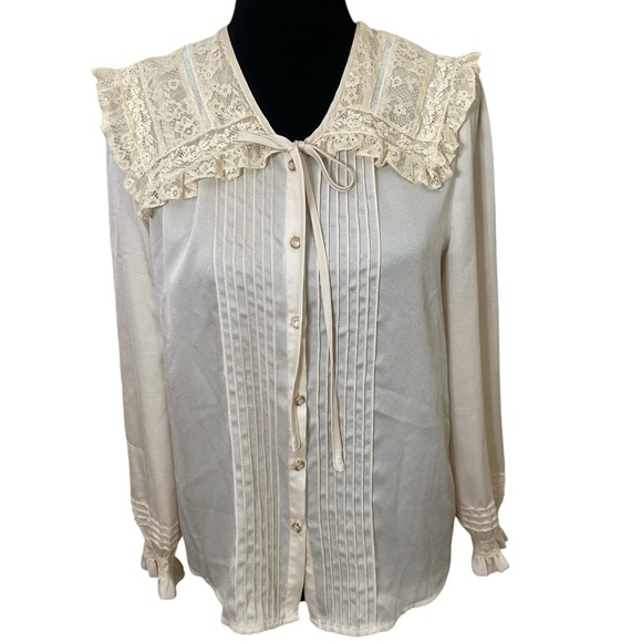 Simple Retro Coquette Cream Kiara lace doll collar long sleeve blouse - Picture 3 of 7